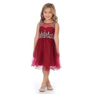 BURGUNDY Illusion Shoulder Rhinestones Bodice Girl Dress